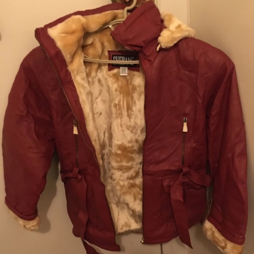 Shebang Leather Coat Size Medium Cherry Colored Jacket Faux Fur Lining Hooded